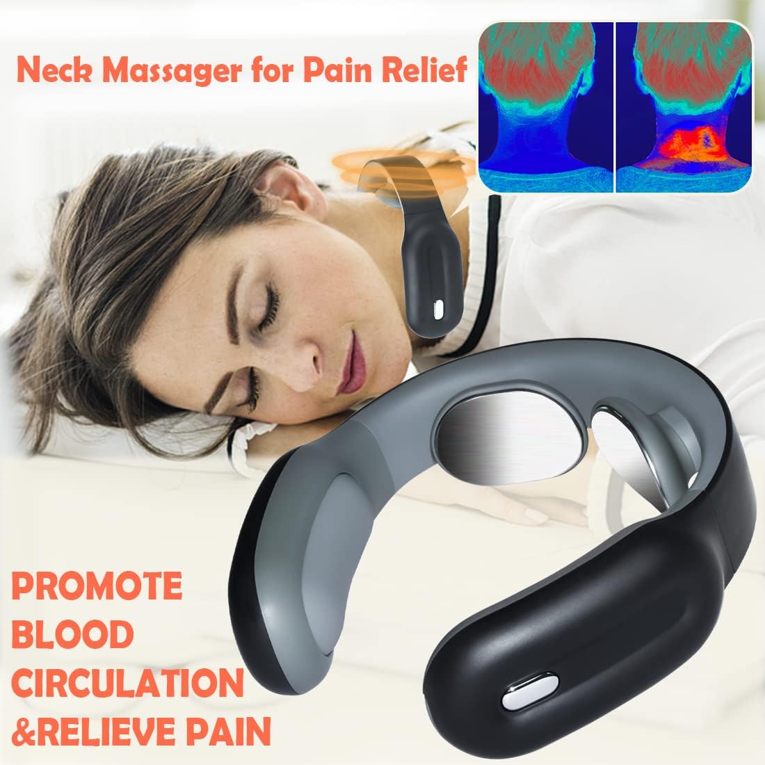 Neck massager in use with heat map showing pain relief