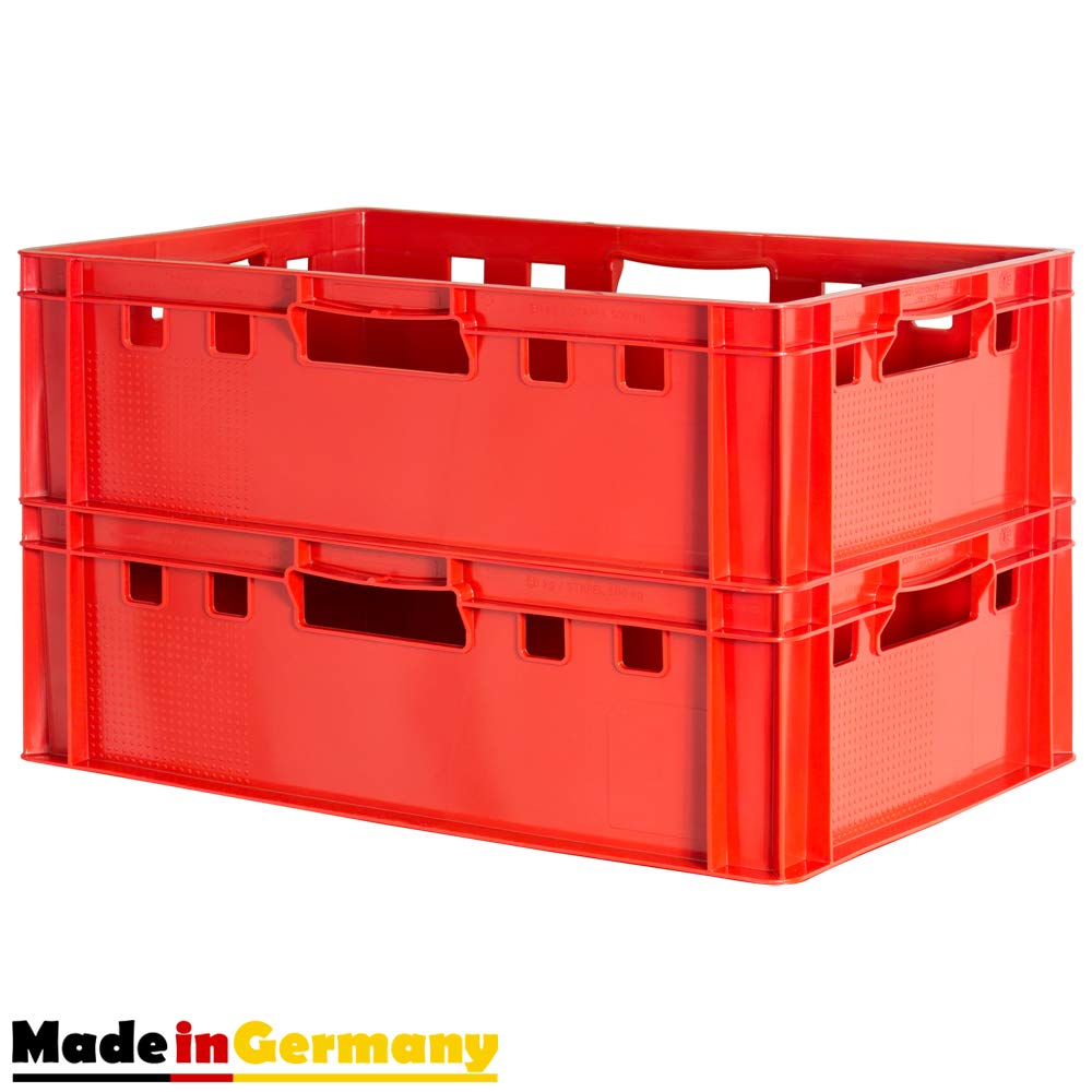2 Stück E2 Fleischkisten Rot Kisten Eurobox Lebensmittelecht Metzgerkiste Box Aufbewahrungsbox Kunststoff Wanne Plastik Stapelbar Lagerkisten 60 x 40 Kingpower