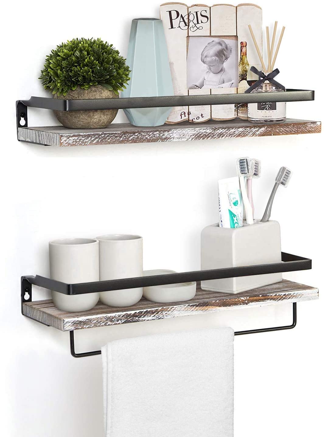Mensola sospesa da parete in legno, con portasciugamani, rustica, ideale per soggiorno, camera da letto, corridoio, bagno, 2 pezzi (bianco lavato)