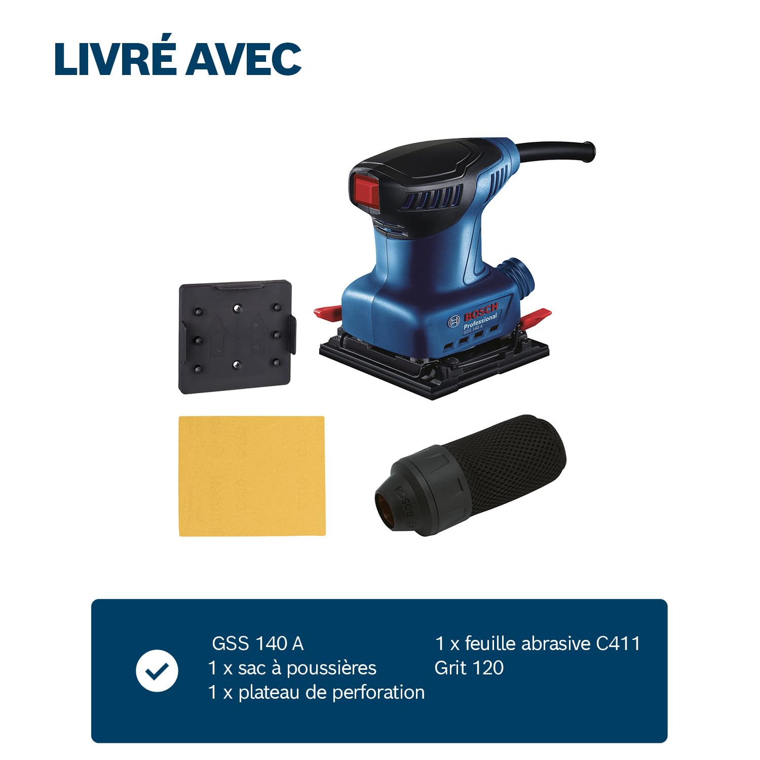 Bosch Professional Ponceuse vibrante GSS 140 (moteur de 220 W, vibration 3,4 m/s2, y compris sac à poussières, plateau de perforation, feuille abrasive C411)