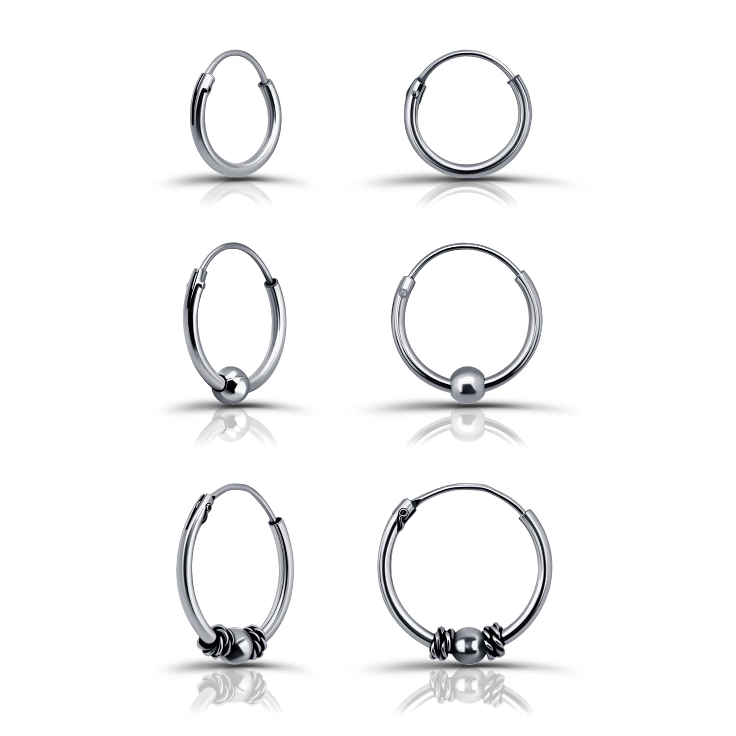 Hoops & Loops 925 Sterling Silver Set of 3 Pairs 10mm, 12mm & 14mm Balinese Style Bali Bead Endless Hoop Earrings for Women & Men, Silver, Yellow &