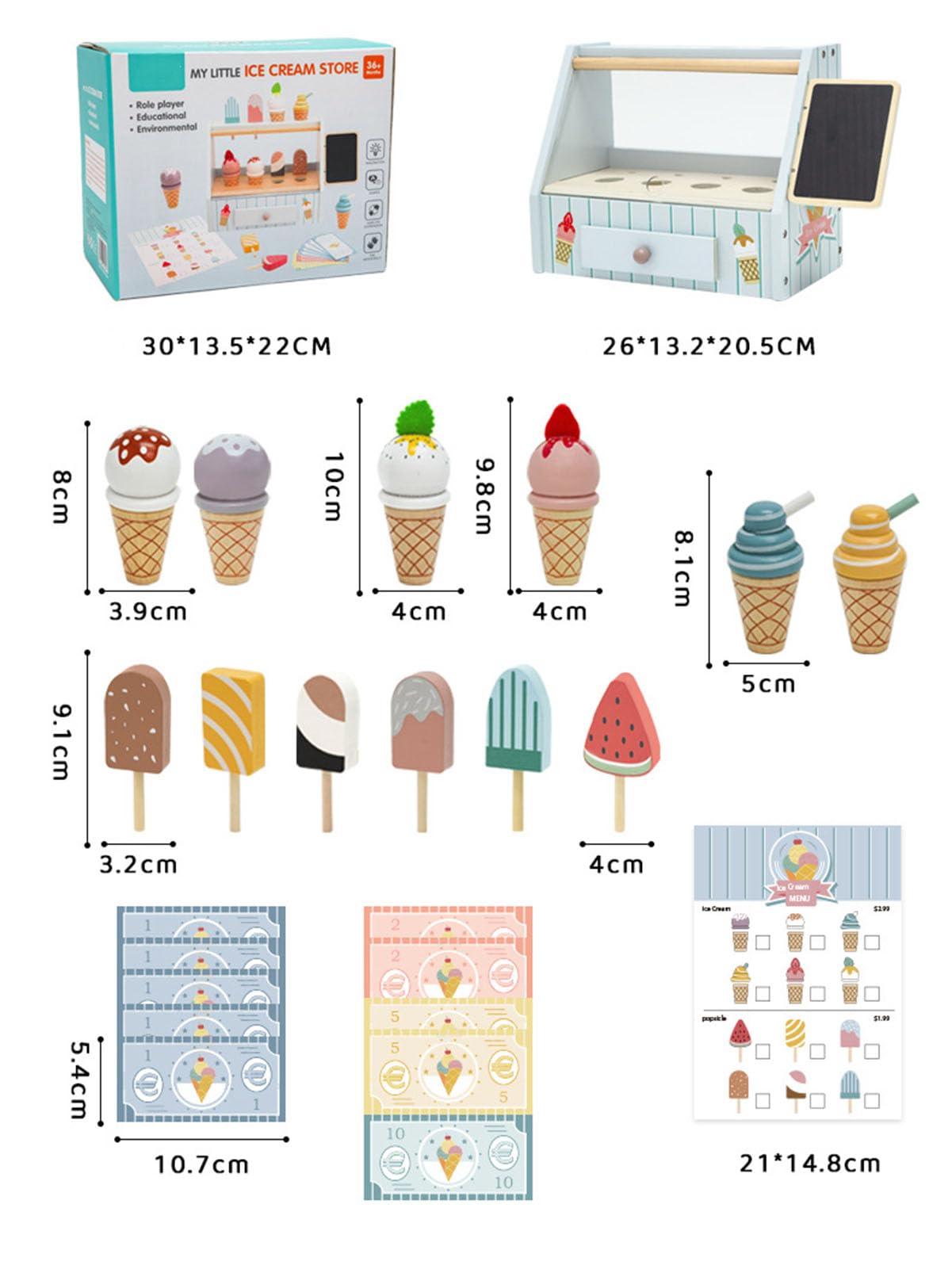 Set di Gioco del Negozio di Gelato in Legno, Stand di Gelati e Ghiaccioli da Gioco con Accessori