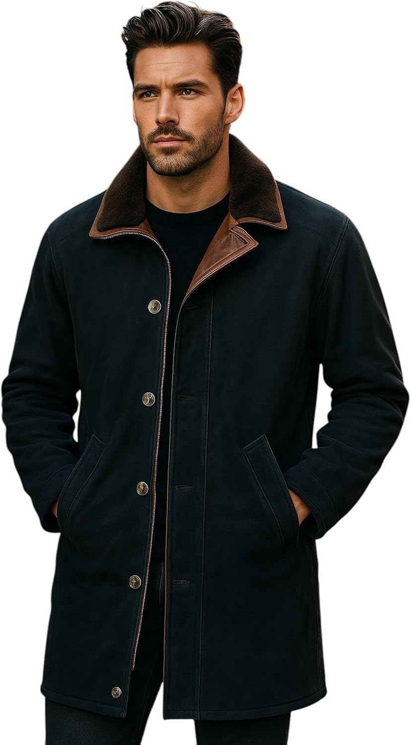 Prime-Fashion Mens Suede Leather Fuax Fur Sheriff Jacket Long Trench Coat