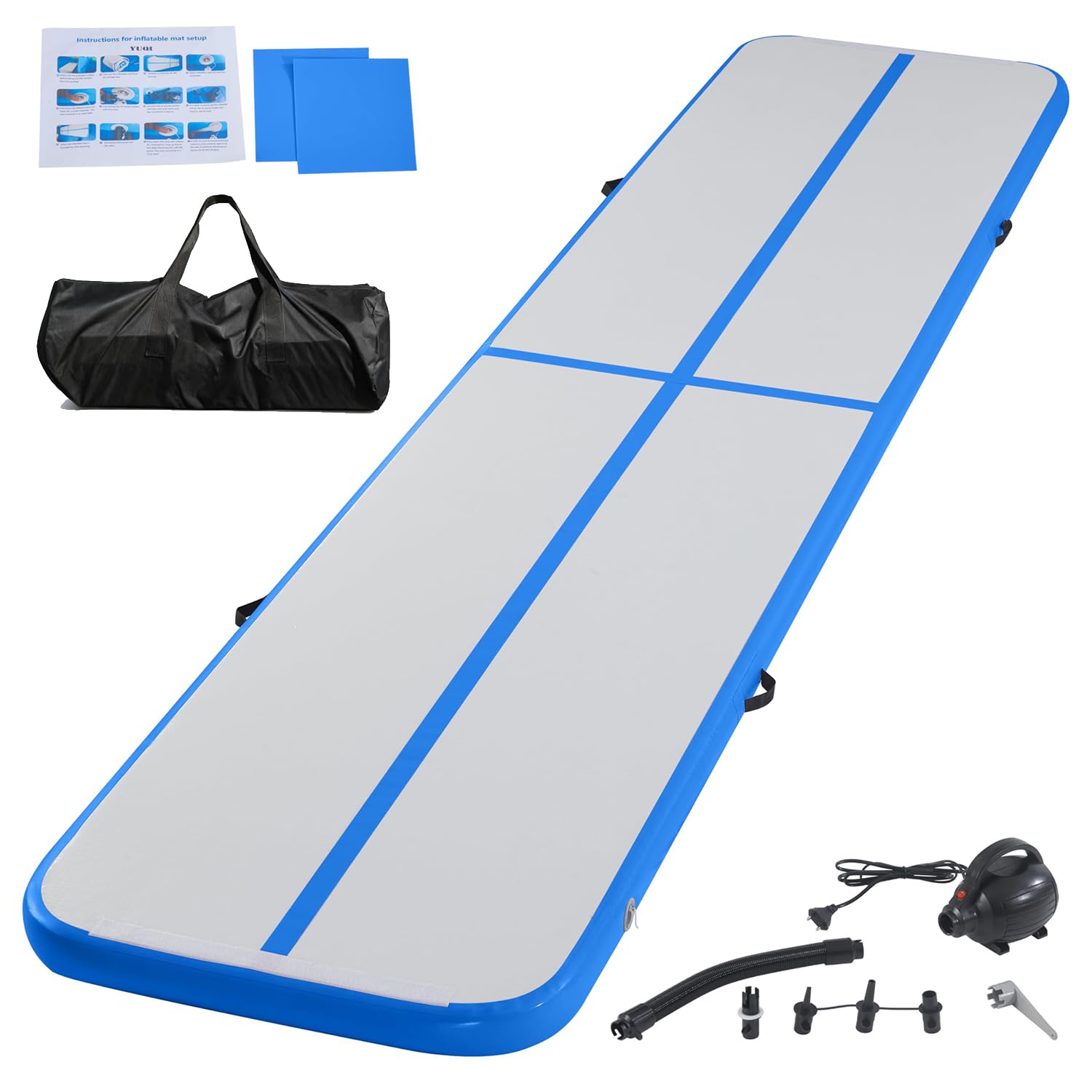 Inflatable Gymnastics Mat Tumble Track Gym Floor Mat 3M 4M 5M 6M Air Tumbling Training Track Thick 10cm with Electric Pump for Gymnastics Home Kids Tumble Training/Yoga/Water/Pilates (Blue, 5m/16ft)