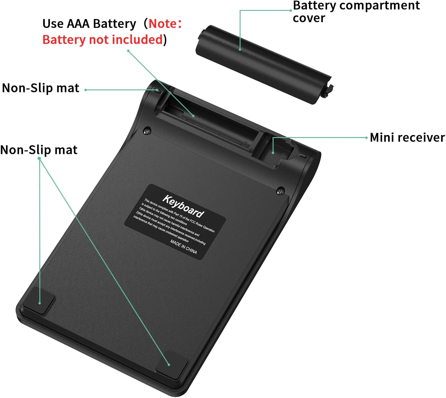 Underside view of cimetech K268 keypad showing battery compartment, mini receiver slot, and non-slip mats