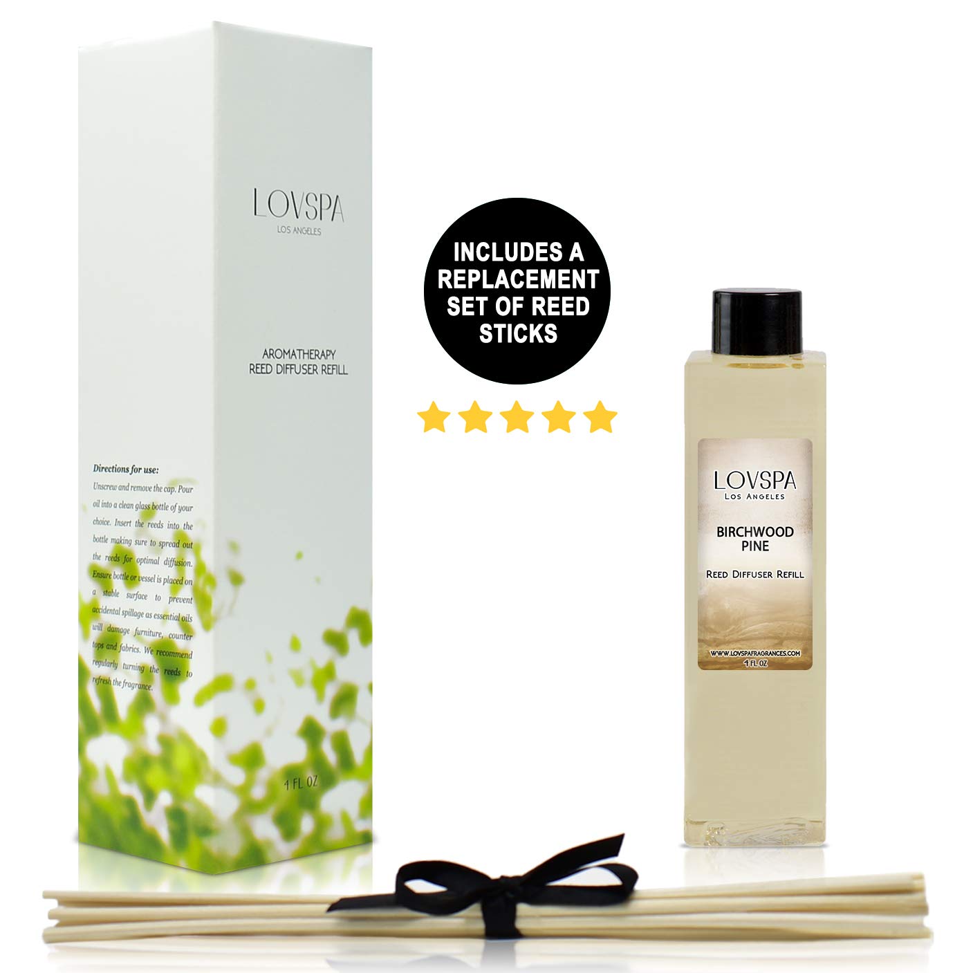 LOVSPA Birchwood Pine Reed Diffuser Oil Refill with Replacement Reed Sticks - Scent for Kitchen or Bathroom, 4 oz - Made in The USA