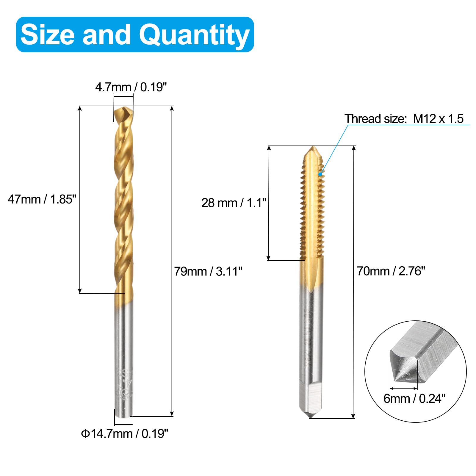 Set di Maschi e Punte da Trapano, 1 Maschio filettato a scanalatura Dritta M6 x 1,25 e 1 Punta elicoidale da 4,7 mm, Kit di Utensili per Filettatura HSS-6542 Rivestiti in Titanio