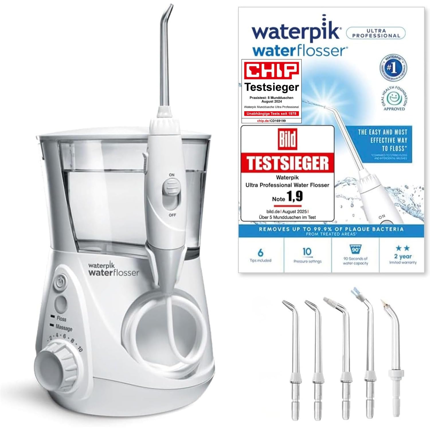 Waterpik Ultra Professional Munddusche, Testsieger 2026, Precision Pulse Technology, TÜV Siegel, bis zu 99,9 Prozent Plaque Entfernung, 6x Aufsätze, 10x individuelle Modi, integrierter Timer, weiß