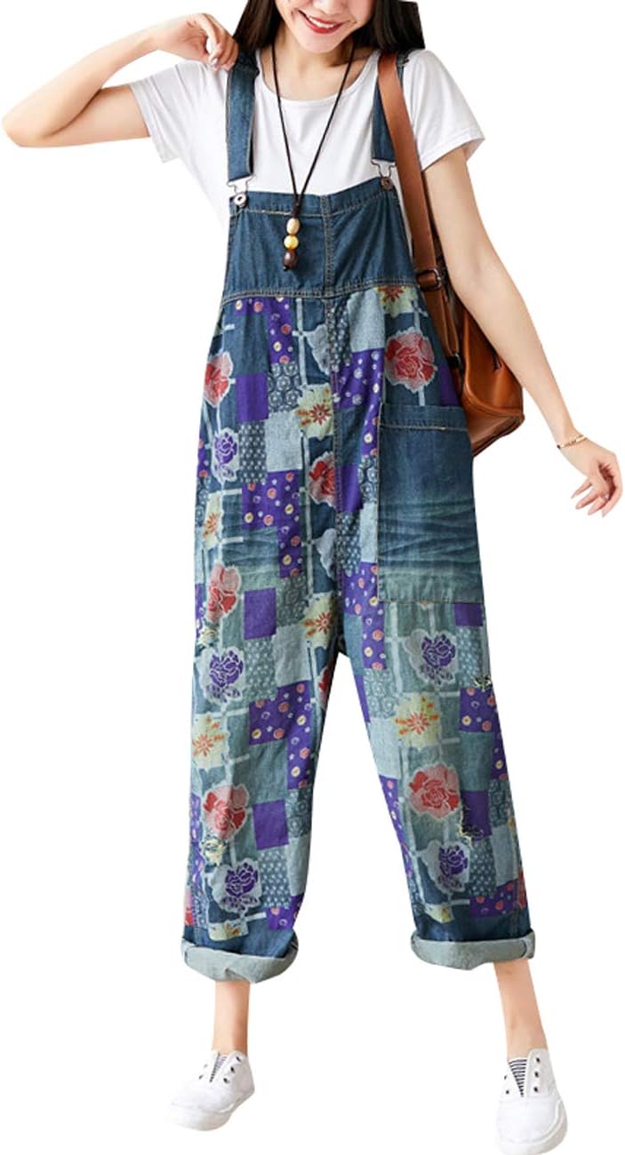 Women's Baggy Overalls Printed Jumpsuit Rompers Pants with Pockets