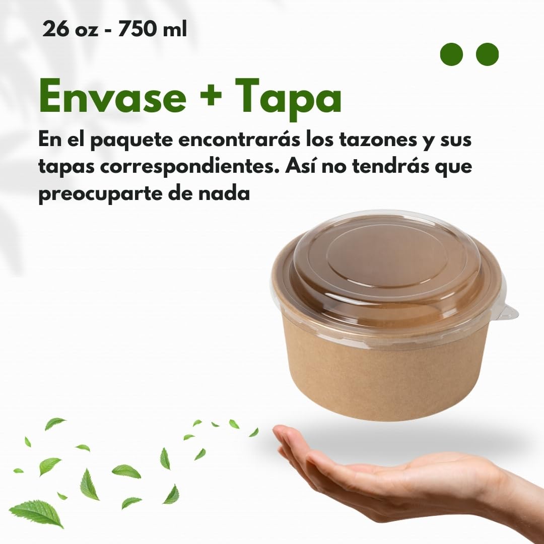 Tazón desechable de Ensalada y Sopa marrón kraft Redondo 750 ml con tapa PET