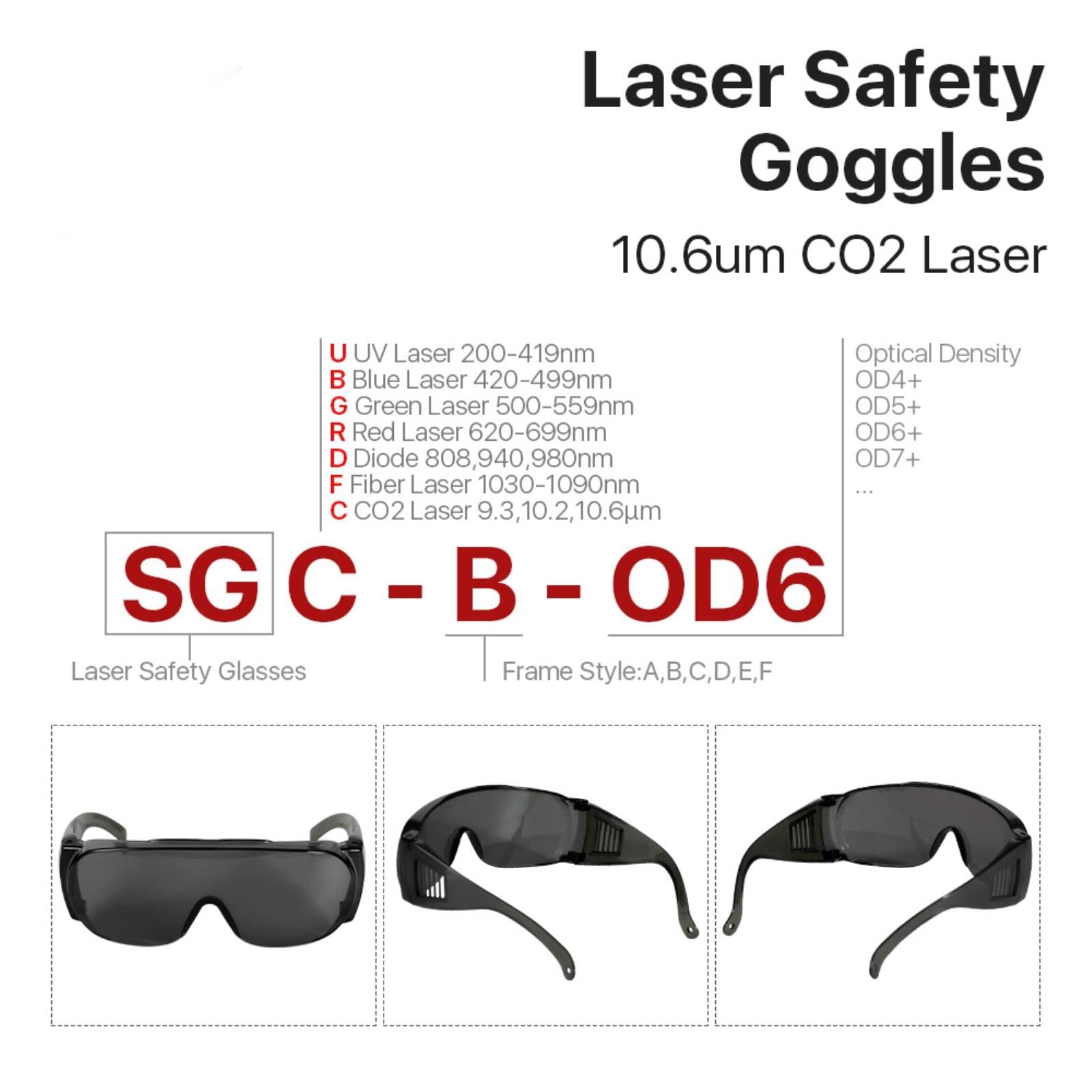 Gafas de seguridad láser 10600nm Estilo B Protección de escudo OD6 + CE para máquina de grabado de corte láser CO2