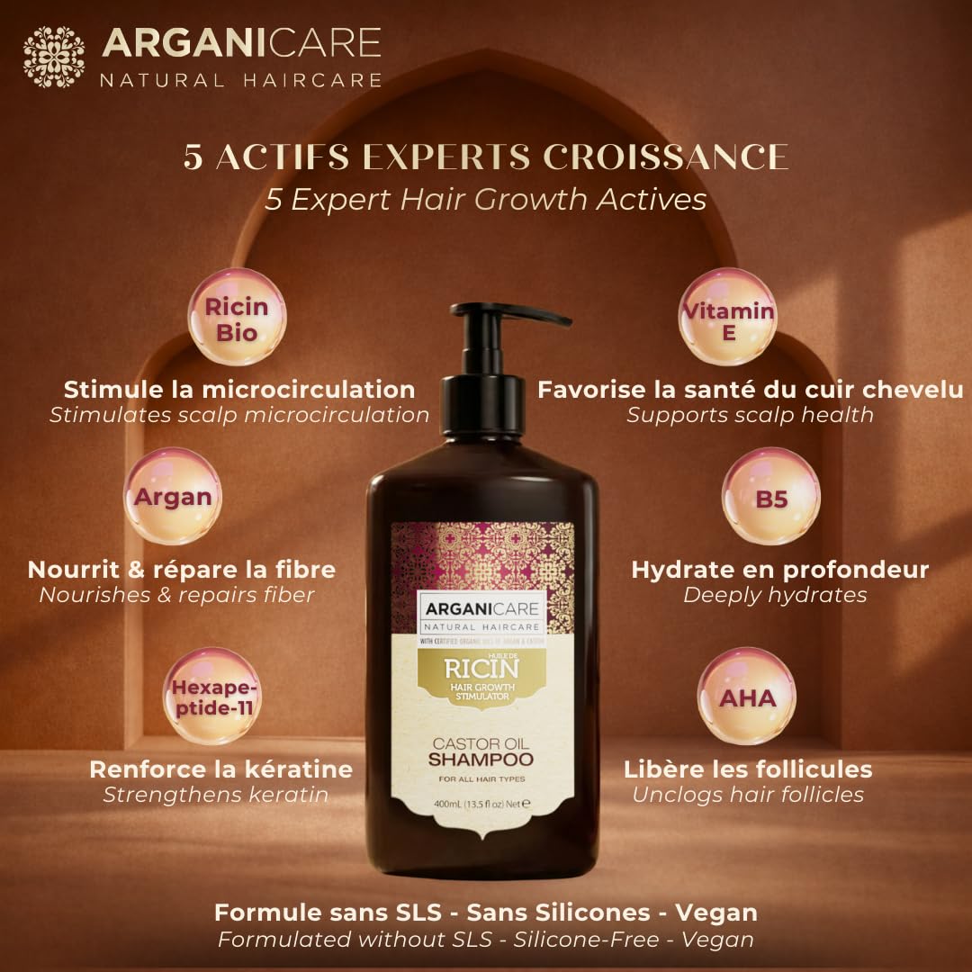 Arganicare Champú crecimiento cabello aceite ricino argán orgánico 400 ml