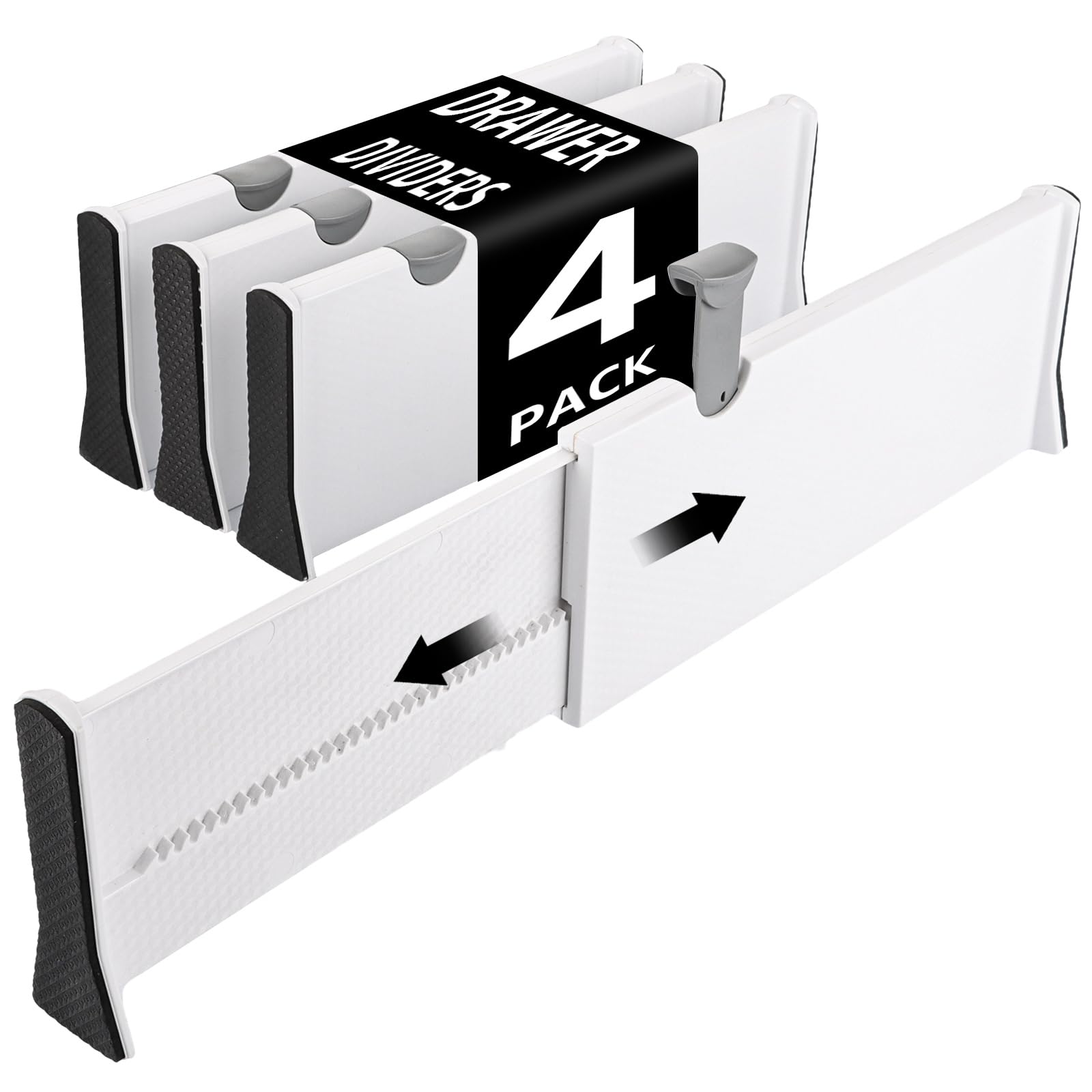 DAJAVE Juego de 4 separadores de cajones ajustables de altura de 13 cm, separadores de cajones ajustables de 33,2 a 55 cm, organizador para cocina, armarios y escritorio, color blanco