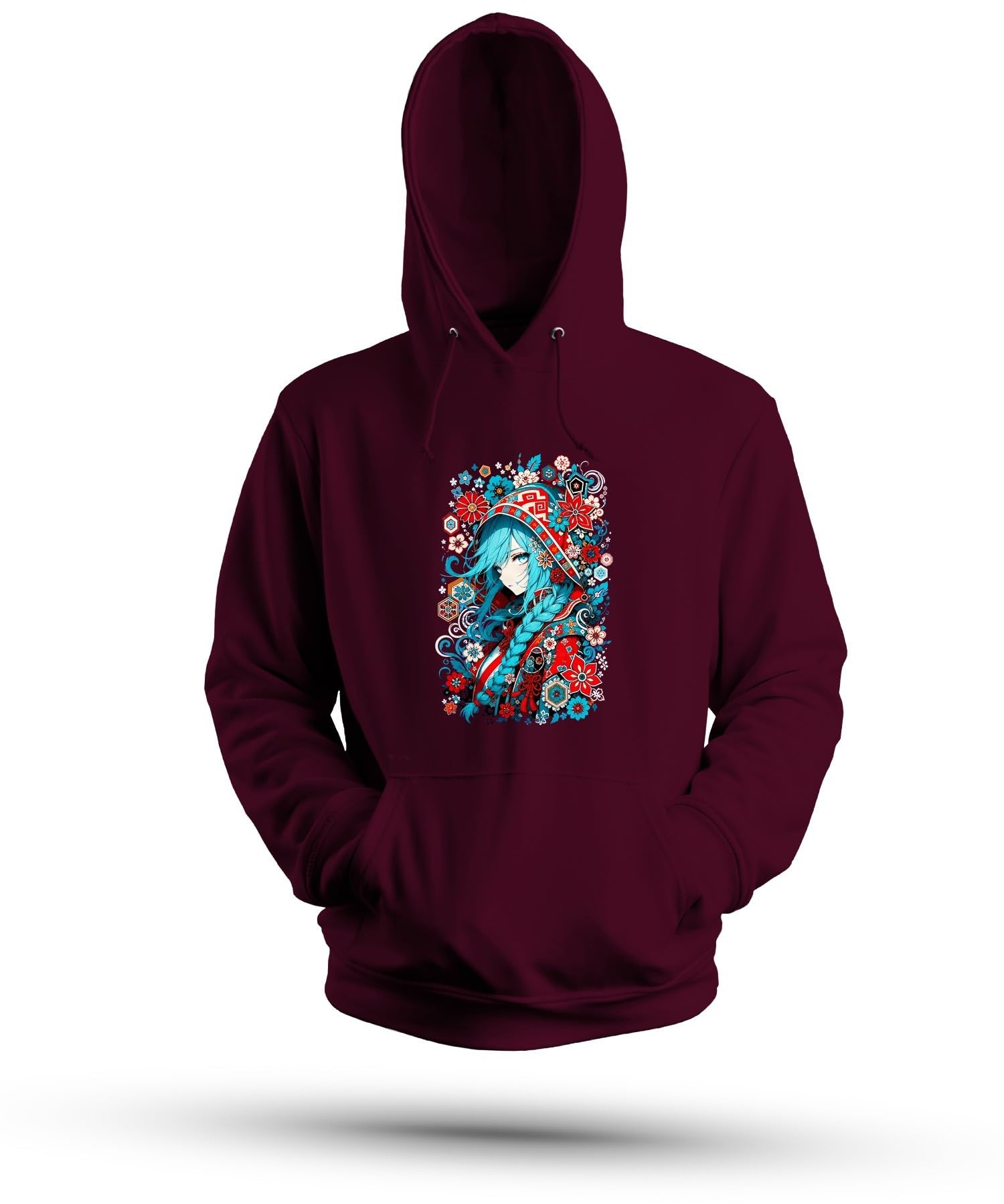 Anime dziewczęca niebieskie włosy Japonia Y2K bluza z kapturem, burgundowa, L | Aesthetic warkocz kwiaty tradycyjny Cosplay fantazja prezent dla geek kolorowy portret folkloru