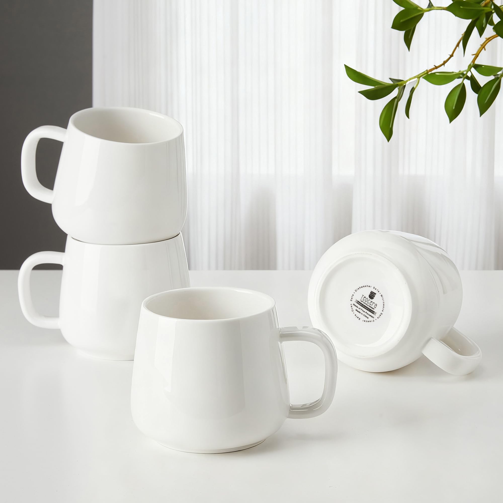 Teocera Coffee Mugs Set of 4-12oz Chip-Resistant Ceramic Cups with Ergonomic Handle | Dishwasher & Microwave Safe White Mugs | Keeps Beverage Hot, Perfect for Family Kitchen & Holiday Gifts