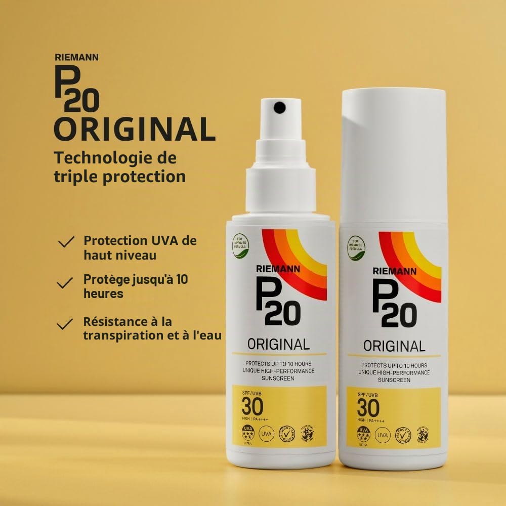 RIEMANN P20 Original SPF30 Spray 200 ml Protection solaire avancée haute performance, triple protection + résistance à la sueur, durable, protège jusqu'à 10 heures, résistant à l'eau