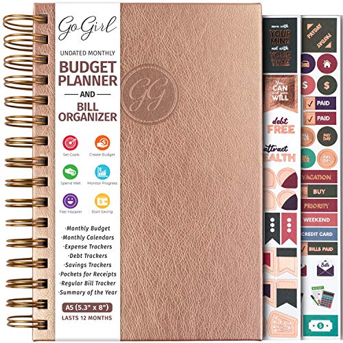 GoGirl Budget Planner & Monthly Bill Organizer â€“ Monthly Financial Book with Pockets. Expense Tracker Notebook Journal to Control Your Money, Compact Spiral-Bound Hardcover, Lasts 1 Year â€“ Rose Gold