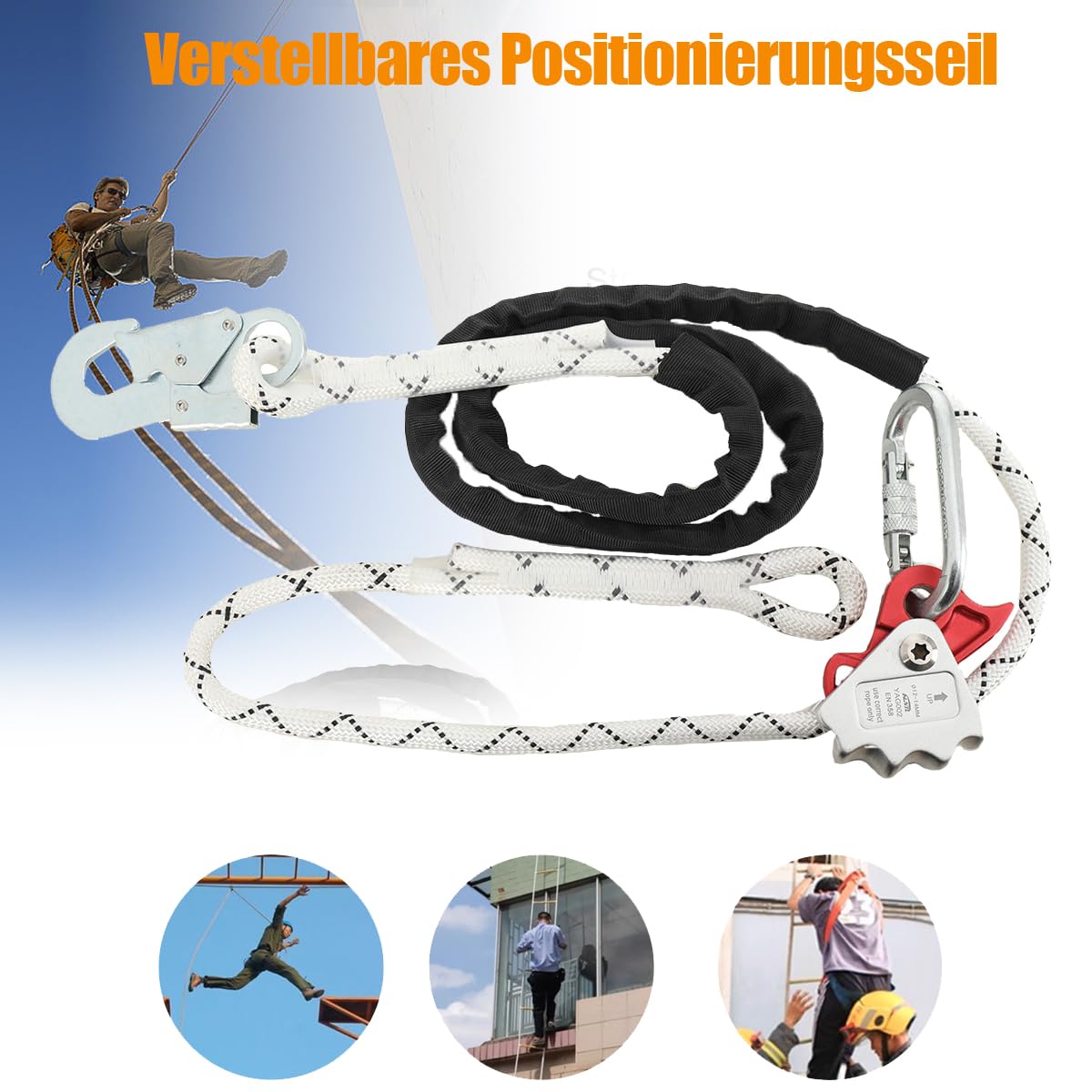 2M Corde de Sécurité Extérieure, Cordon Réglable Harnais de Sécurité avec Ajusteur de Mousqueton, Lanière Réglable Protection Contre les Chutes 13mm