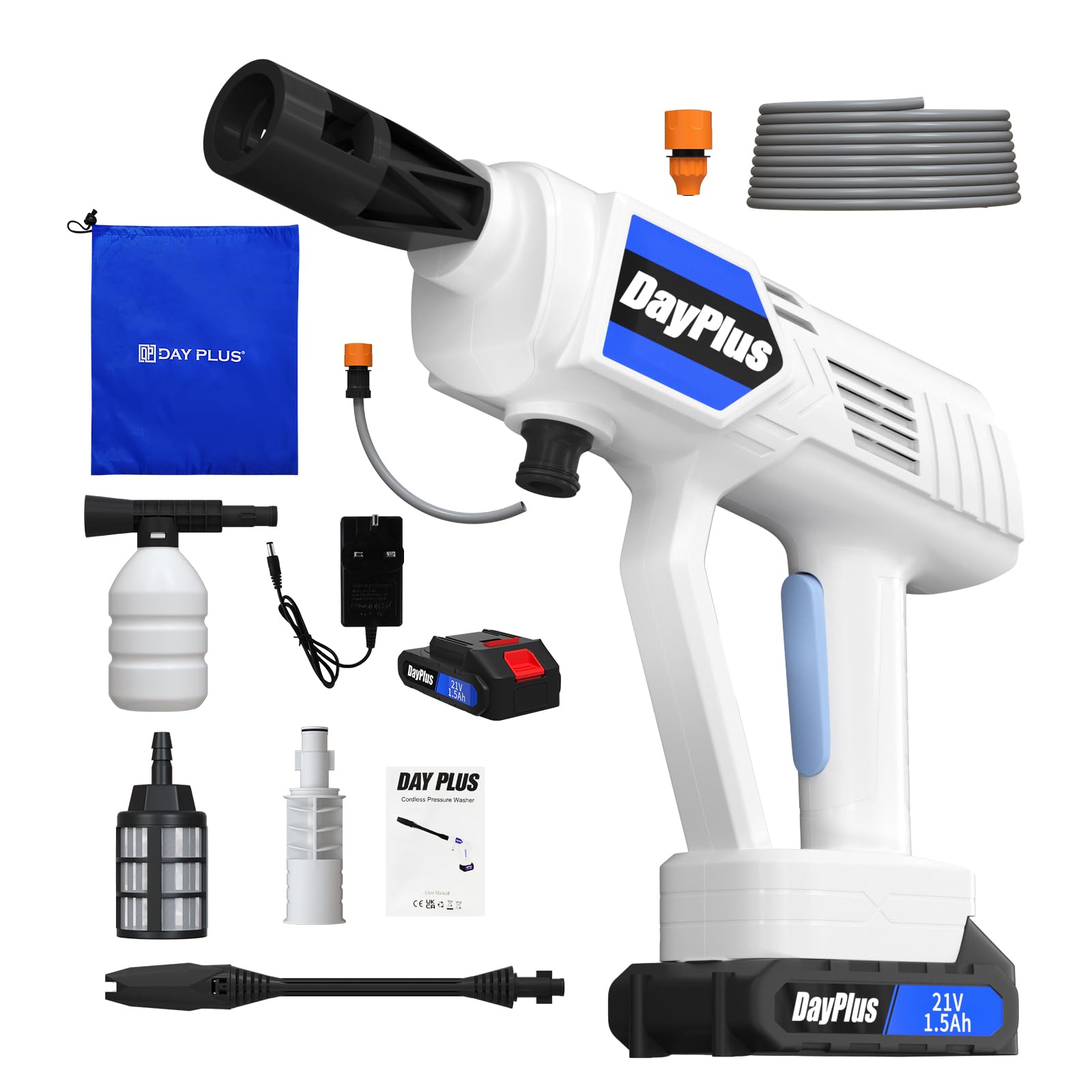 Cordless Pressure Washer 21V Electric Pressure Washer Portable Power Cleaner 1.2Mpa Working pressure Multi-Function for Washing Cars/Fences/Siding White(With Cola Bottle Connector)