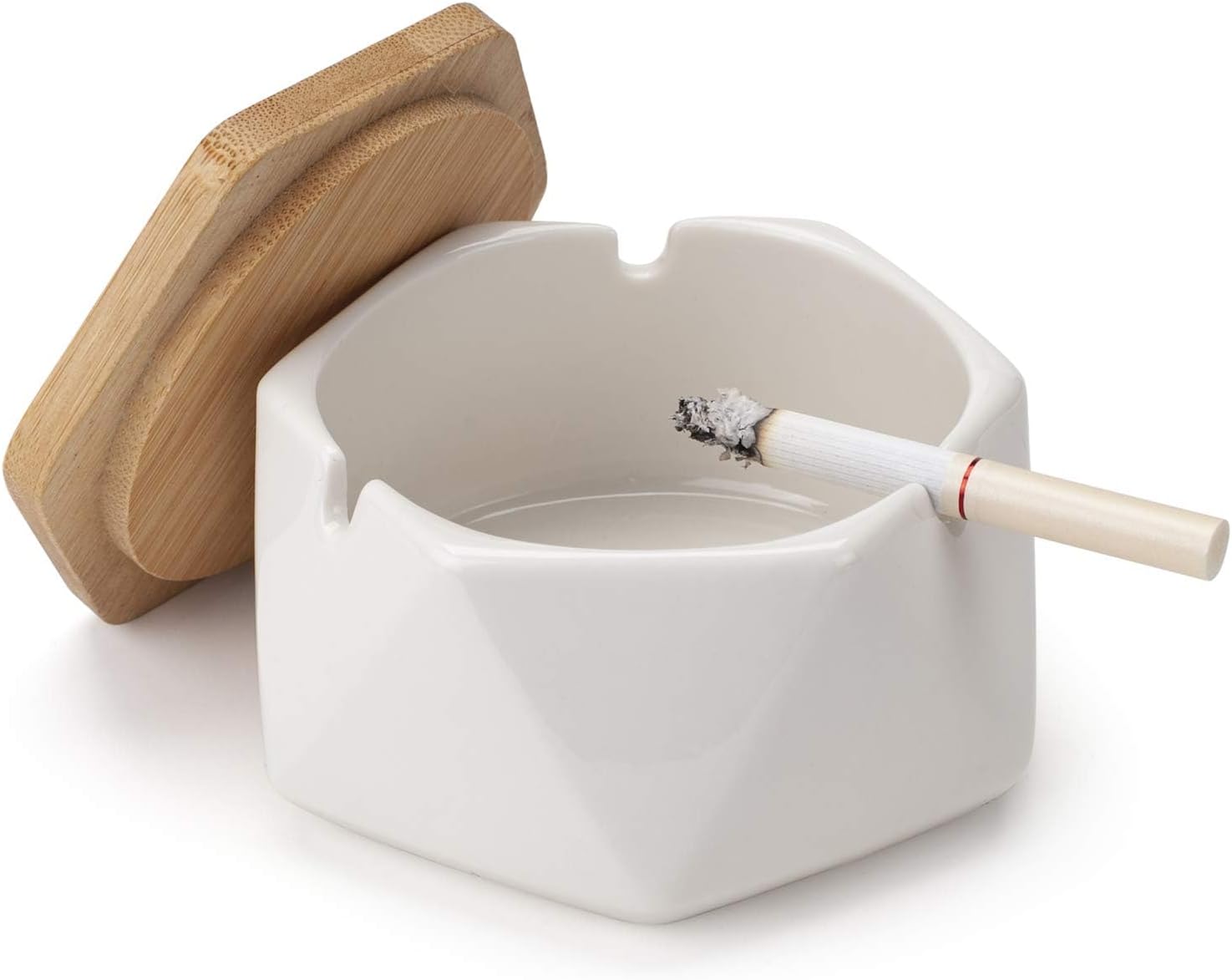 NOSKIN Ceramic Geometric Ashtray with Lid, Windproof Ceramic Ashtray for Indoor or Outdoor Use, Home Office Decoration, White
