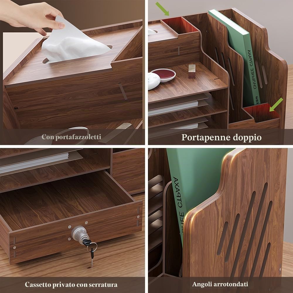 Organizer da scrivania in legno grande capacità formato A4 per ufficio casa scuola JB07-2 legno di noce