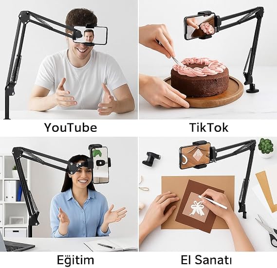 360° Üst Çekim Masaüstü Telefon Tripodu | Ayarlanabilir Süspansiyon Kol, Metal Kaymaz Taban, Evrensel Telefon Tutucu, Siyah
