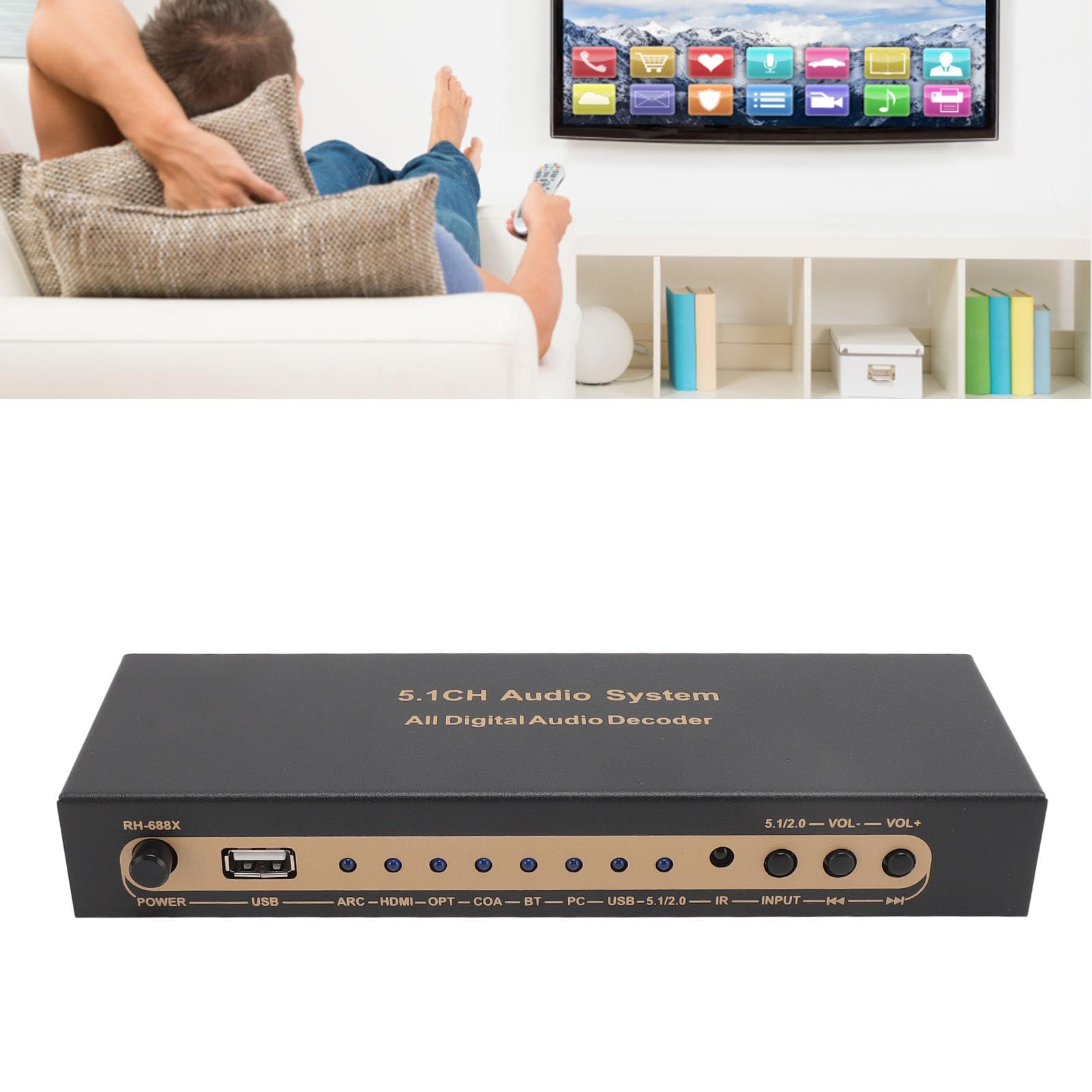 5.1-Kanal-Sound-Decoder, Digitale AC3 DTS LPCM HDCD PCM-Dekodierung, Unterstützt 4K HD Multimedia Interface 2.0b mit 5.0 USB-Wiedergabe, für Heimkino 360 PC Auto (EU-Stecker)