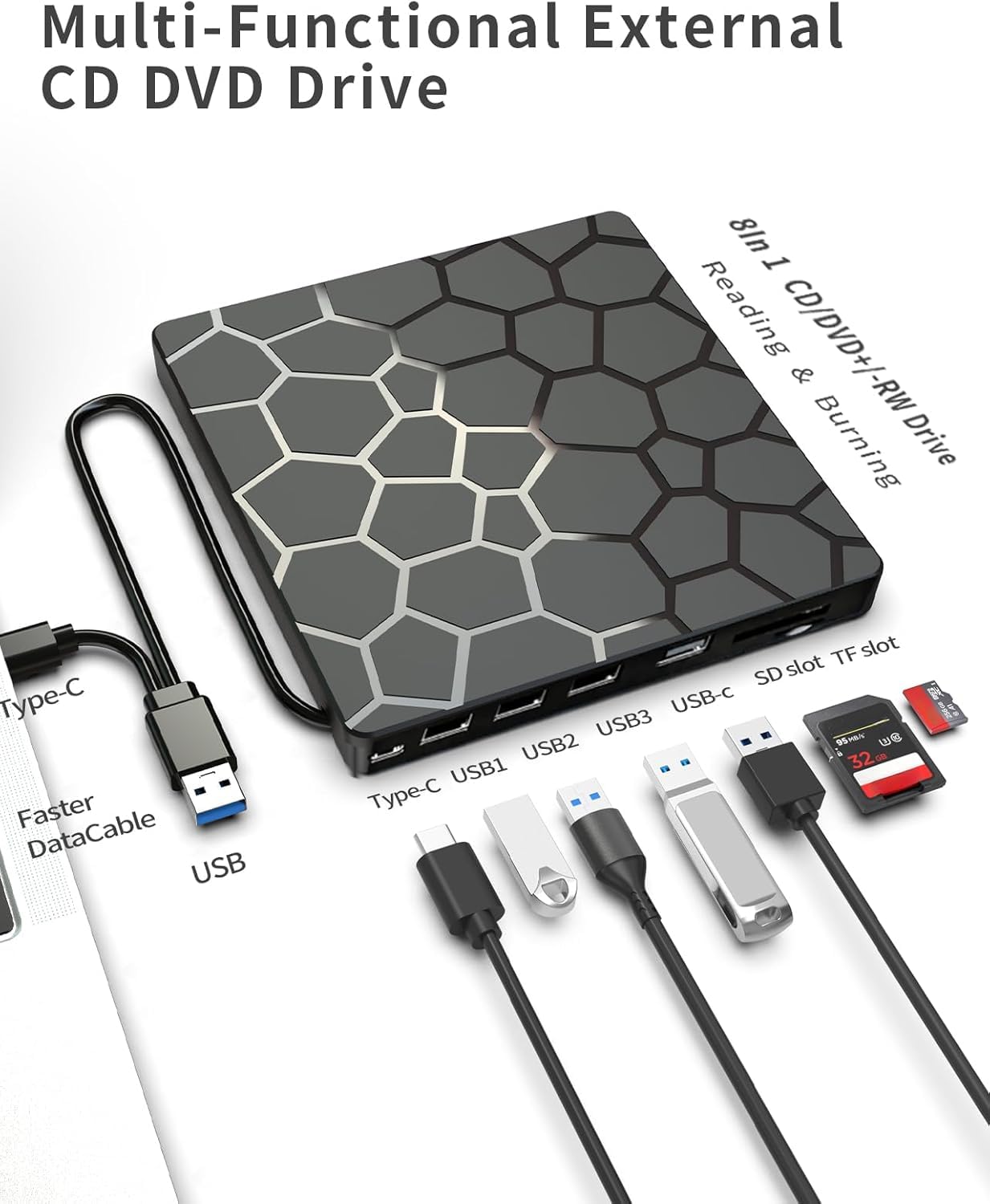 External CD DVD Drive,8 in 1 USB 3.0 and Type-C Disc Reader Writer Burner Player,Slim and Portable CD DVD +/-RW Optical Drive for PC Laptop Desktop MacBook Mac Windows Linux OS Apple (8 in 1) — view 7