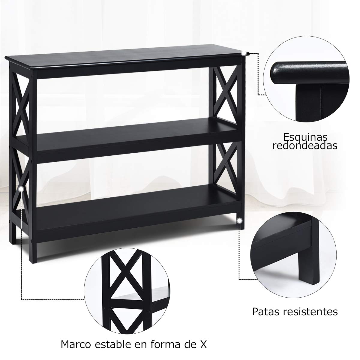 COSTWAY Mesa Consola Mesa Auxiliar de 3 Niveles Mesita con Estante Estantería 100x30x80 centímetros Mueble para Salón Pasillo (Negro)