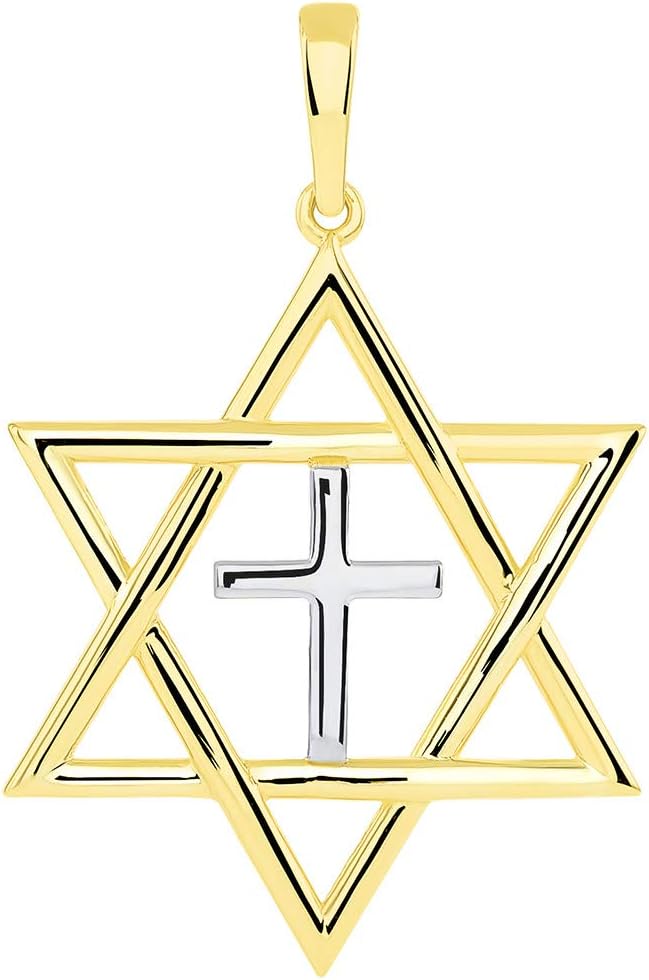 Jewelry America 14k Yellow Gold Jewish Star of David with Religious Cross Judeo Christian Pendant (Large)