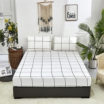 KAREVER White Grid Bed Sheet Set White Black Checkered 4 Pieces Bedding Sheet Set 1 Fitted Sheet 1 Flat Sheet with 2 Pillowcases Queen Size Women Men Bed Sheet Sets