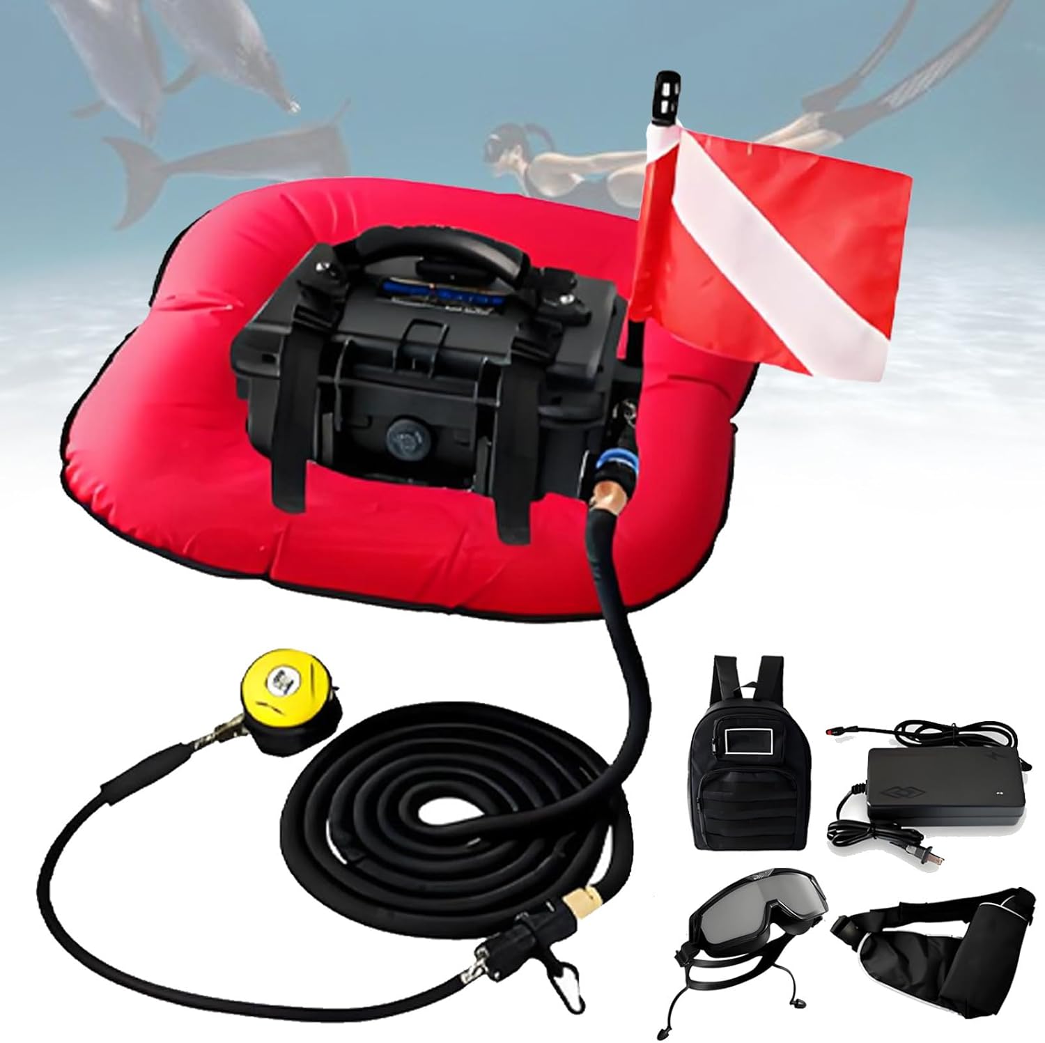 Scuba Diving Ventilator System, Portable Diving Rebreather, Underwater Breathing System, Maximum Diving Depth 9 Meters, No-Tank Diving, Suitable for Underwater Snorkeling. Blue-1Battery