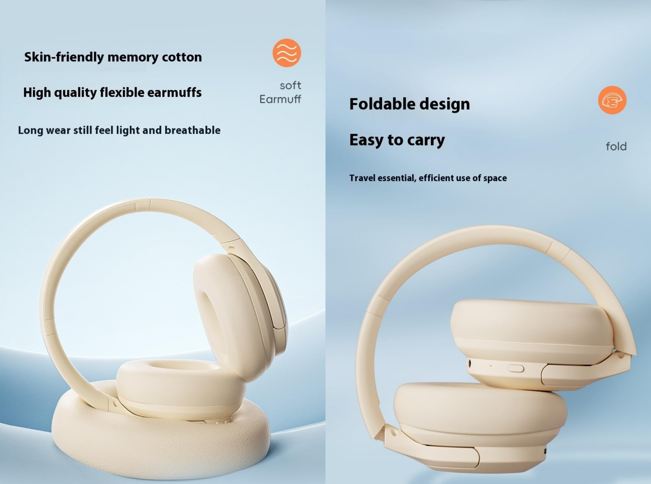 Cuffie Wireless Bluetooth con Cancellazione Attiva del Rumore, Bluetooth 5.3 Hi-Fi Stereo con Microfono, Leggere e Pieghevoli, adatte per PC/Telefono e altri Dispositivi Bluetooth - Beige
