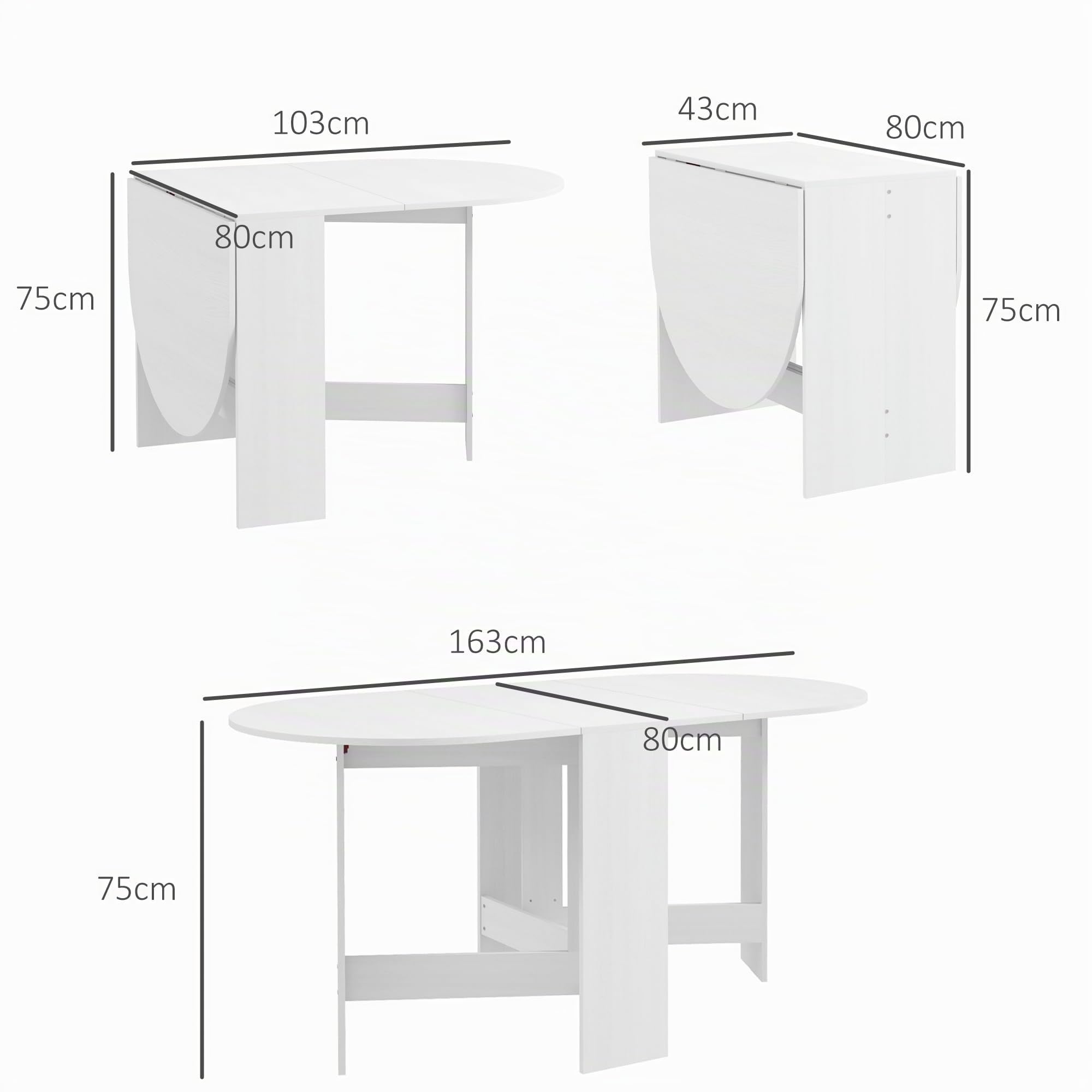 HOMCOM Tavolo da Pranzo Pieghevole, 163x80 cm Scrivania Richiudibile Salvaspazio con 2 Ribalte Ovale per 6 Persone, Tavolo Cucina a Ribalta, Ideale per Soggiorno, Casa, Ufficio, Bianco
