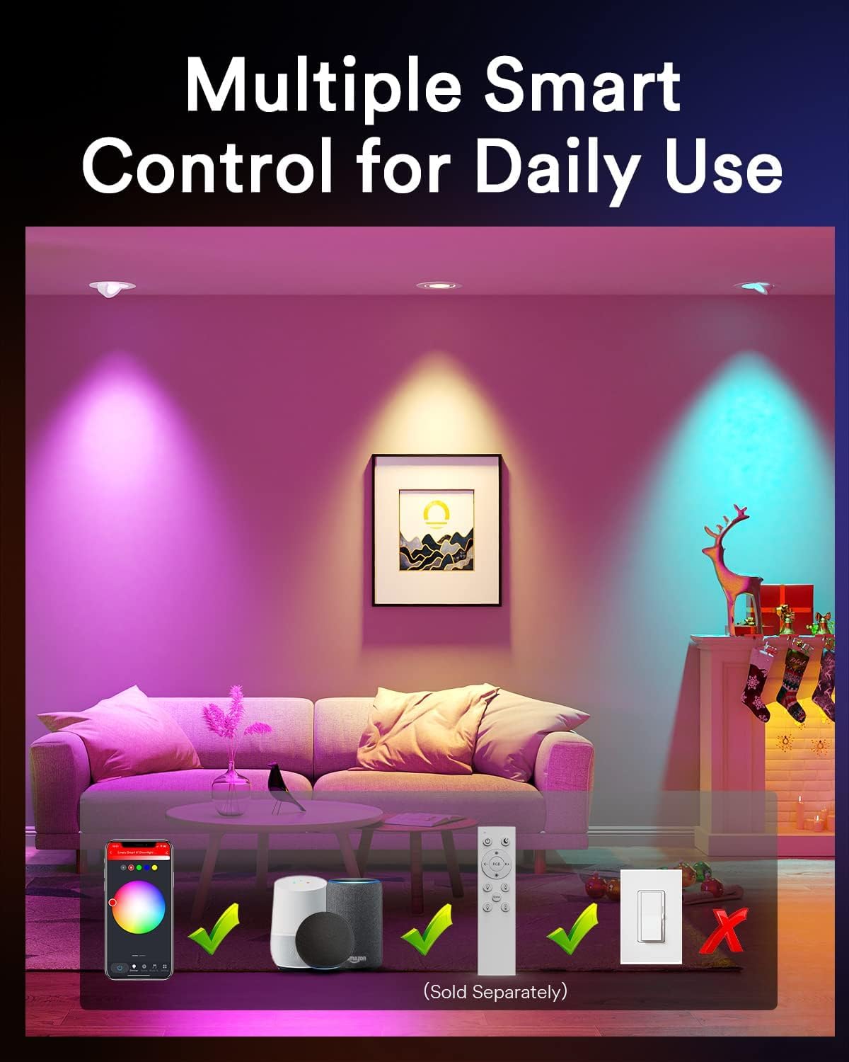 Lumary Smart Gimbal Recessed Lighting 4 Inch, 355°&90° Adjustable COB Eyeball Ceiling Light, 7W 26° Beam Angle RGBCW Color Changing Canless LED Downlight, Work with Alexa/Google Assistant, ETL, 1 Pack