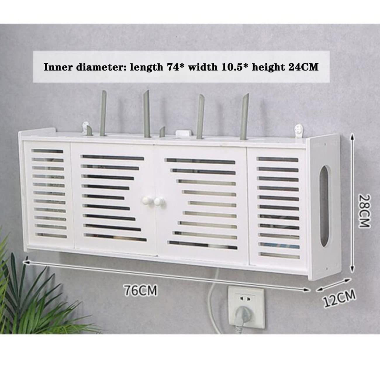 Router Regal WLAN-Aufbewahrungsbox STB-Speicher Multifunktionsregal Desktop-Speicher Kostenlose Lochwandhalterung Wandschmuck Wohnzimmer TV Wand (Color : Weiß, Size : 76 * 12 * 28cm)