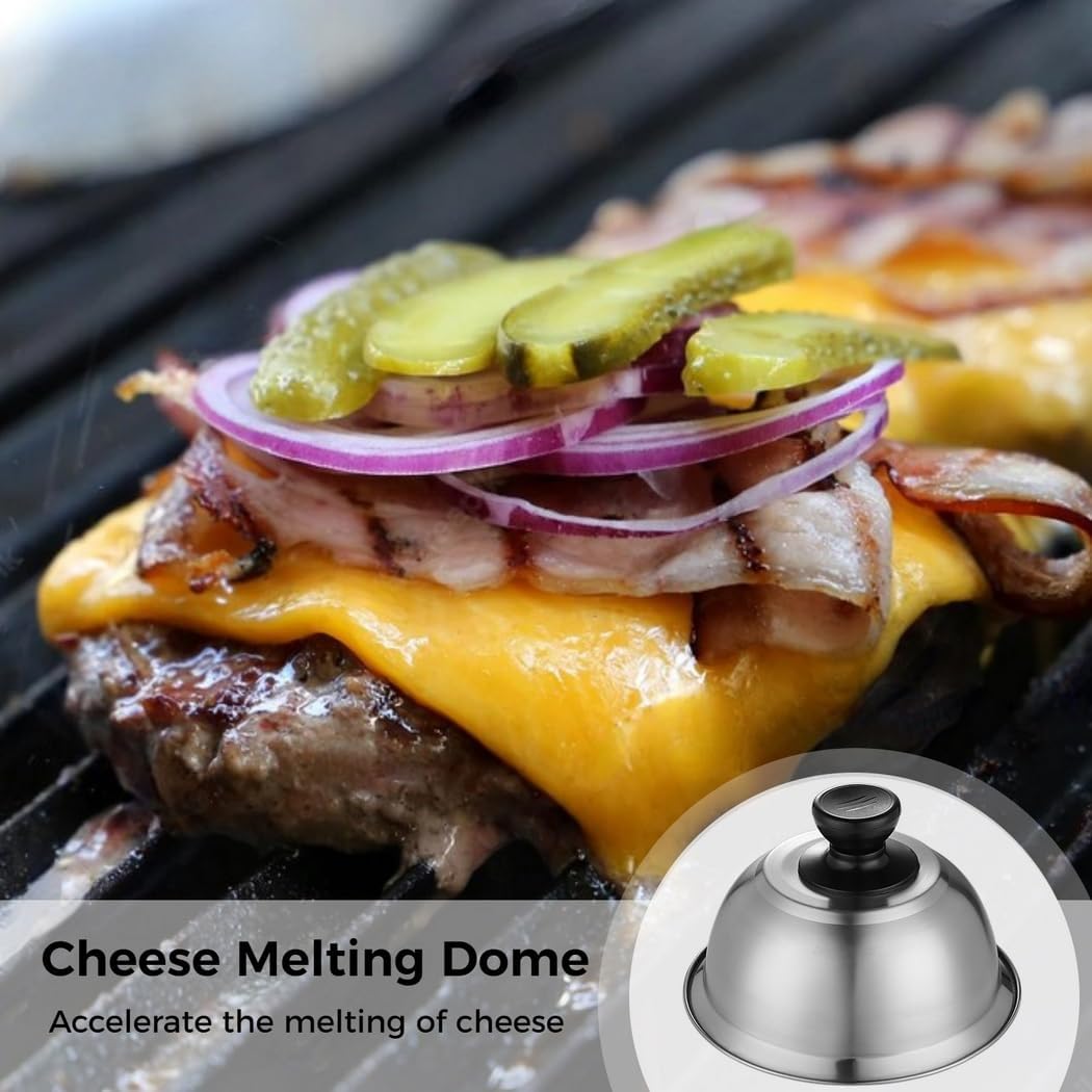 2-Pack Stainless Steel Basting Domes, Burger and Steak Covers with Heat-Resistant Grip, Ideal for Melting Cheese and Grilling Steaks, Bacon, and Burgers