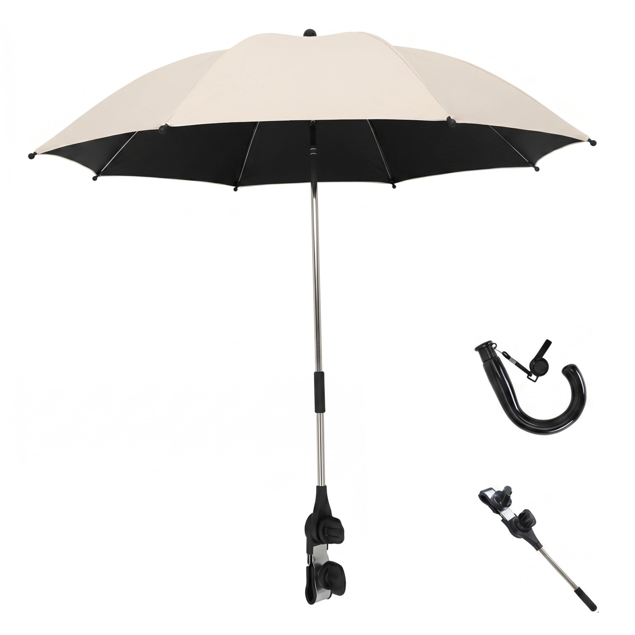 Stroller Umbrella Attachment, 360-degree Adjustable Clip On Umbrella with UPF 50+ Black Vinyl Sun Protection, Detachable Shade Accessory, Beige