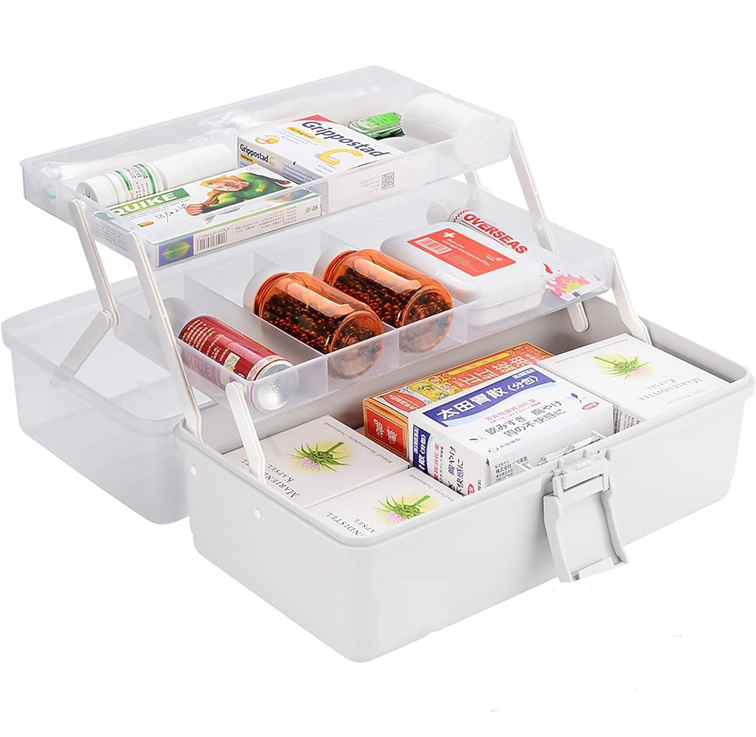 Aeetial Versatile 3-Layers Plastic Folding Organizer Box with Dual Trays,Elegant Ideal for Art & Crafts,Toys,Sewing Supplies,Jewelry and Tools,Storage (White)
