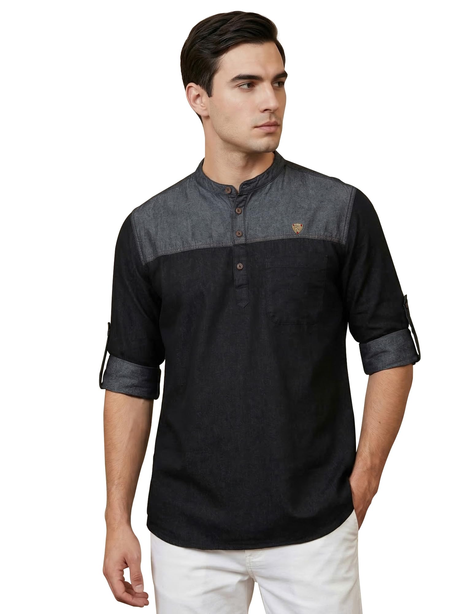 kuons avenue Men’s Denim Colorblock Short Kurta | Tailored Fit | Mandarin Collar | Full Sleeve with Roll-Up | Stylish Casual Kurta for Men-picture-41