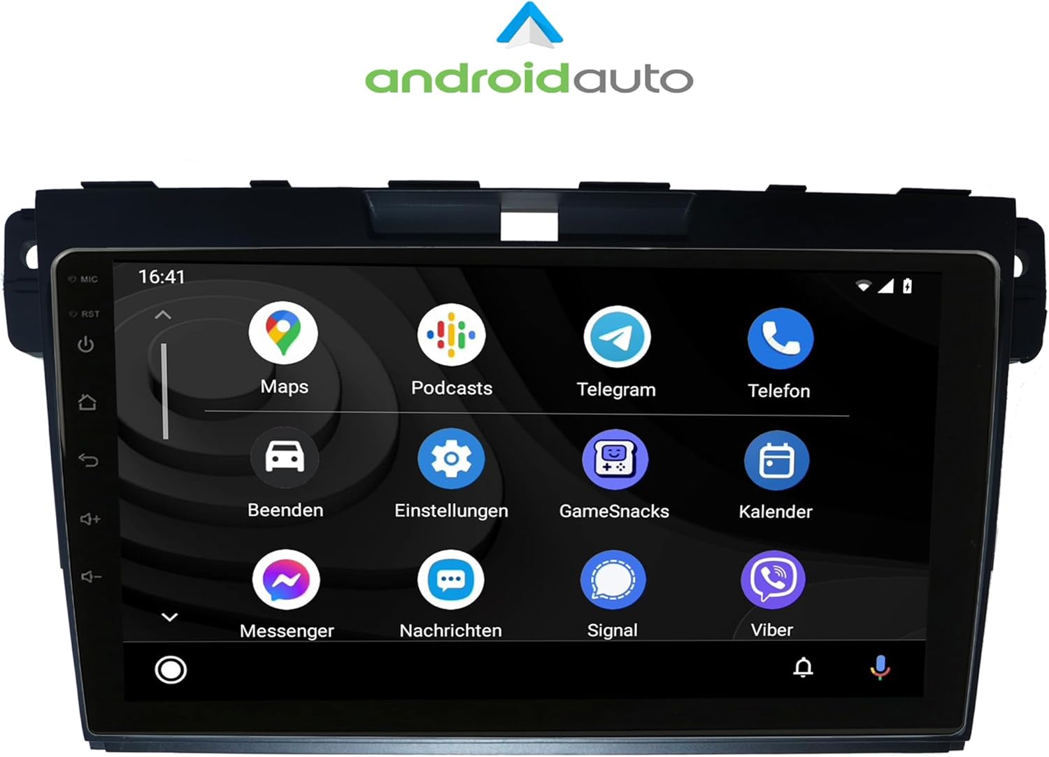 Screenshot of the TAFFIO head unit displaying the Android Auto interface with icons for Maps, Podcasts, Telegram, Phone, End Call, Settings, GameSnacks, Calendar, Messenger, Messages, Signal, and Viber.