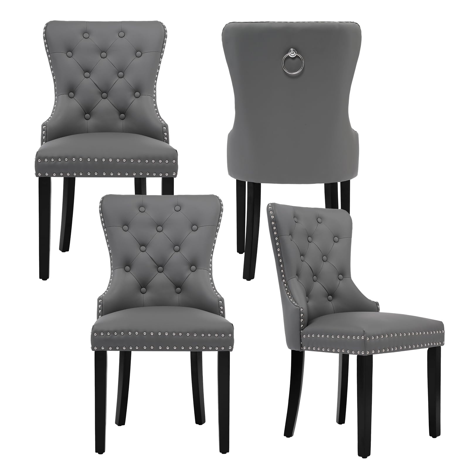 adochr PU Leather Dining Chairs Set of 4, Tufted Upholstered Dining Room Chair with Pull Ring and Solid Wood Legs, Grey