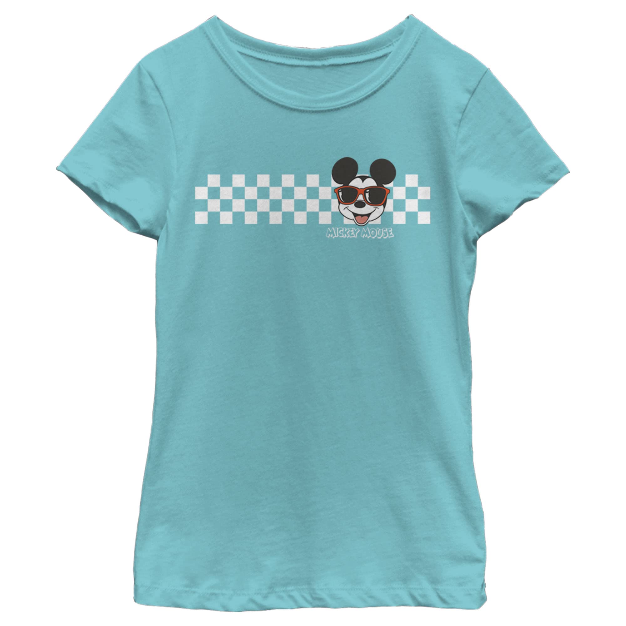 Disney Characters Mickey Checkers Girl's Solid Crew Tee Tahiti Blue Small - 6