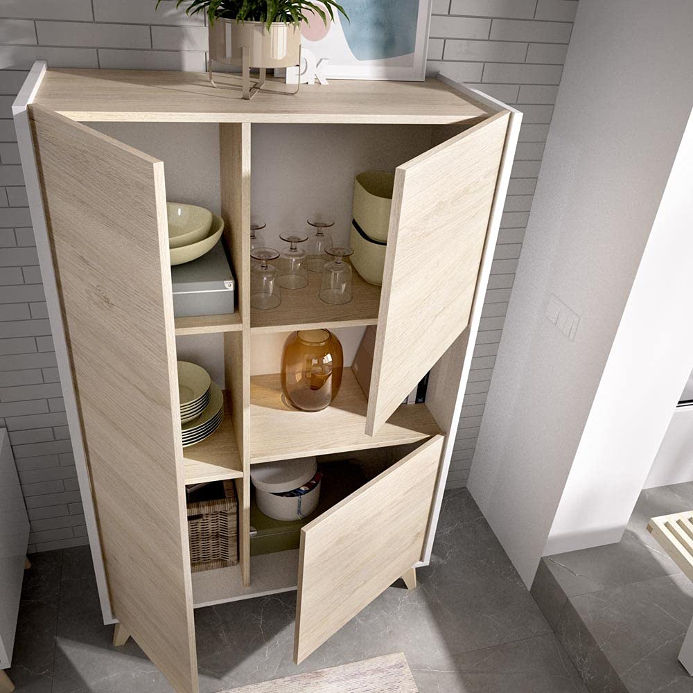 Mobelcenter - Mueble Aparador Alto 3 Puertas - Buffet Moderno - Armario Auxiliar Comedor - Acabado Color Blanco y Natural - Medidas: Ancho: 81 cm x Fondo: 43 cm x Alto: 135 cm - (1253)