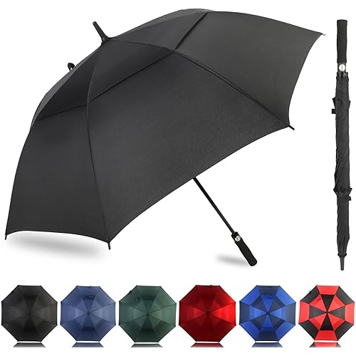 LLanxiry Automatic Open Golf Umbrella 54/62/68/72 Inch, Extra Large Windproof Vented Double Canopy Stick Umbrella, 210T Pongee Waterproof SPF 50+, Fiberglass Ribs, EVA Grip for Golf & Commute