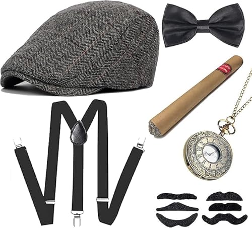 Fartoni Disfraz Años 20 Hombre – Kit Accesorios Gangster con Boina, Tirantes, Pajarita, Reloj de Bolsillo y Bigotes – Complementos Disfraz Mafioso, Peaky Blinders y Carnaval
