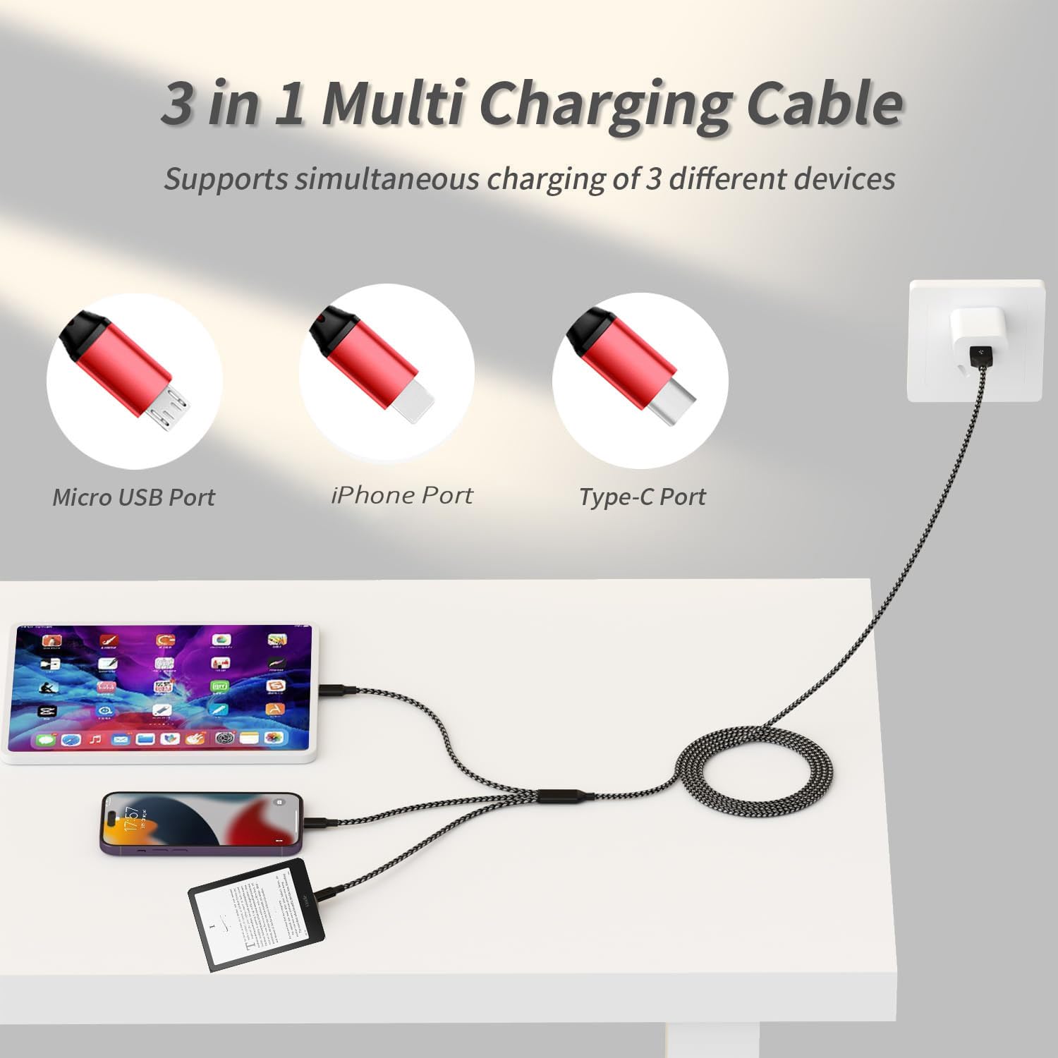 Multi Charging Cable, 3 in 1 USB Cable, Micro USB C Charging Cord for iPhone 16/15/14/13, iPad, iPod, Smartphone, Tablet, AirPod, Apple Watch, Kindle, Mouse, Speaker, Headphone (Red) - Image 2