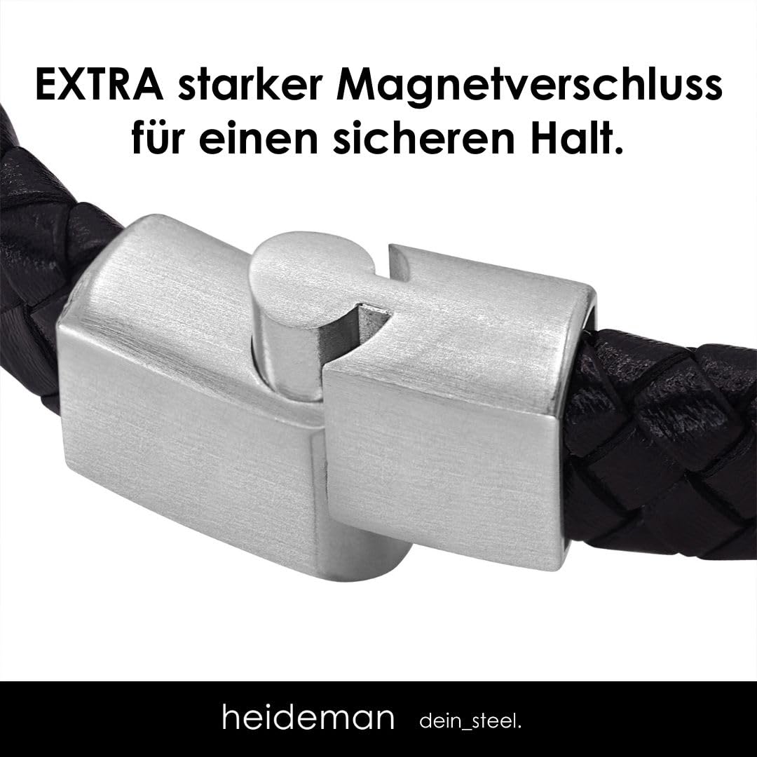 Heideman Herren Lederarmband Elian 2 Gravurplättchen silber | Elian Herren-Lederarmband, geflochtenes Leder, silberne Gravurplättchen, personalisierbar, Magnetverschluss, für Männer