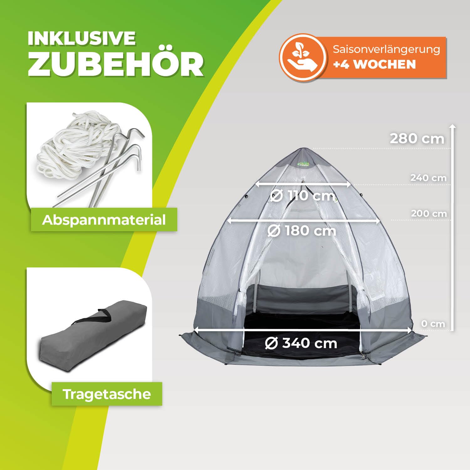 BioGreen Überwinterungszelt/Foliengewächshaus Tropical Island XL | lichtdurchlässige PE-Gitterfolie | stabiles Rahmengestell | H 280 x Ø 340 cm