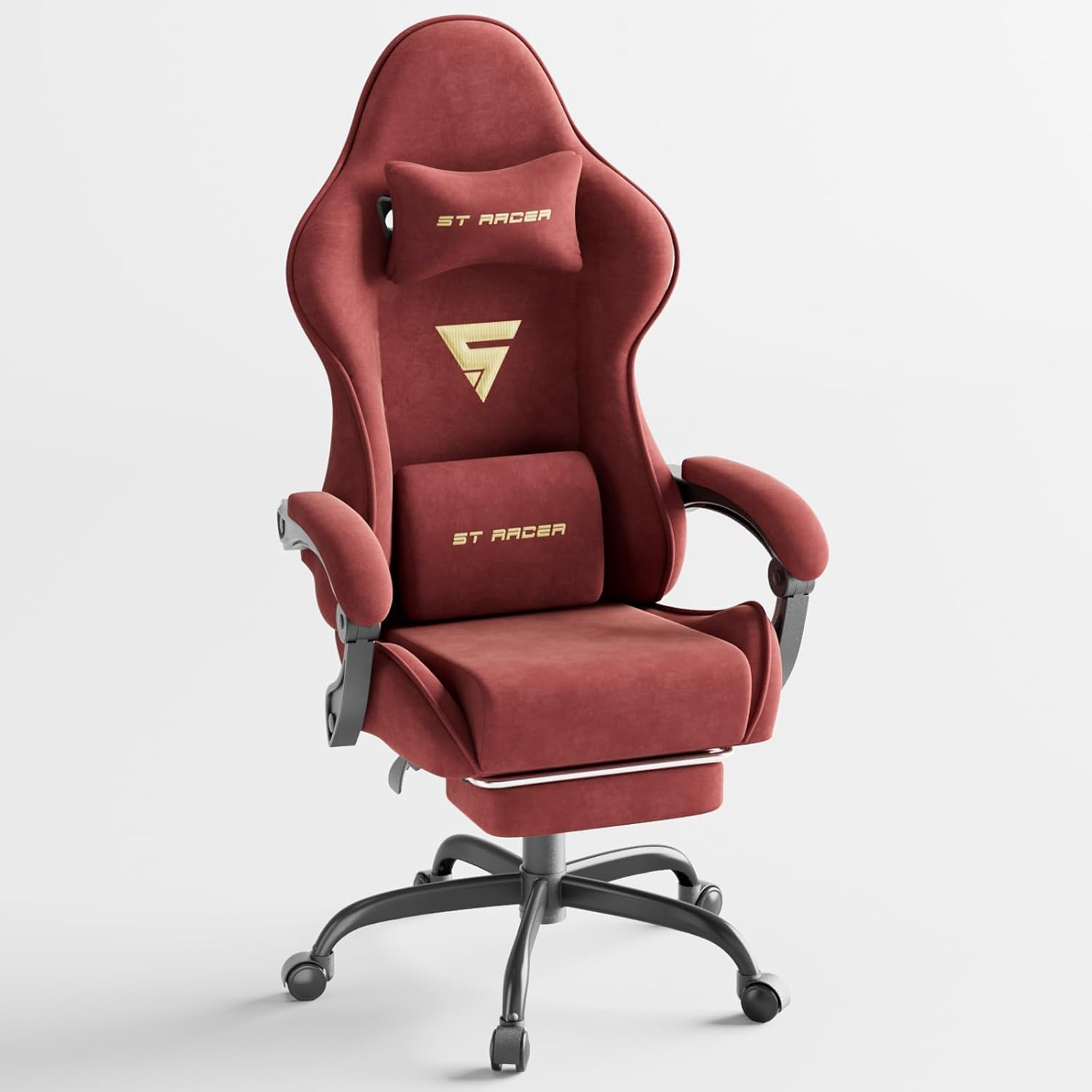 Silla Gaming Ergonómica con Masaje de Cintura,Silla Gamer Reposapiés y Reposacabezas Retráctil,Silla Oficina Material de Terciopelo cómodo,Rojo